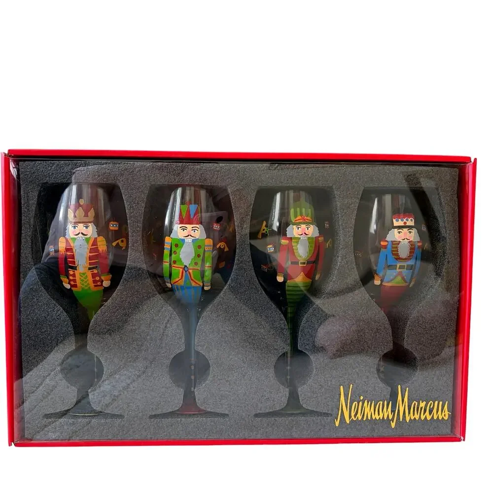 Neiman Marcus Hand Painted Nutcracker Wine Glasses 9in Set of 4 In Gift Box NEW